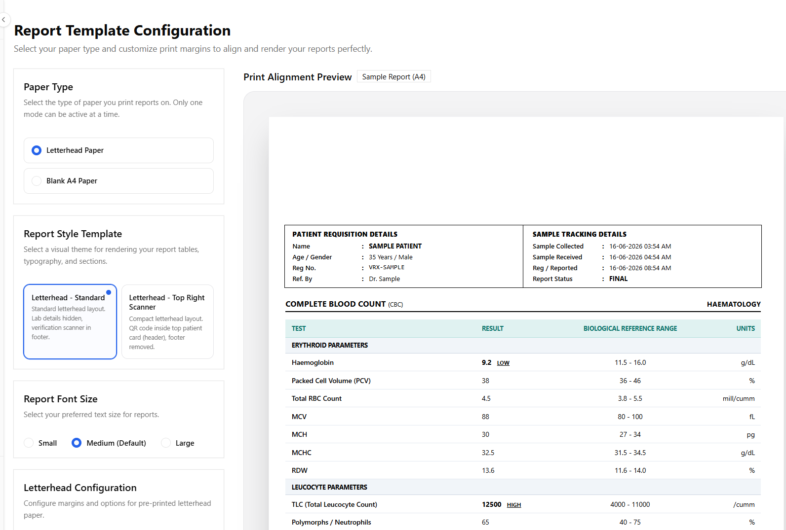 Veridexa custom letterhead margins and setup screen